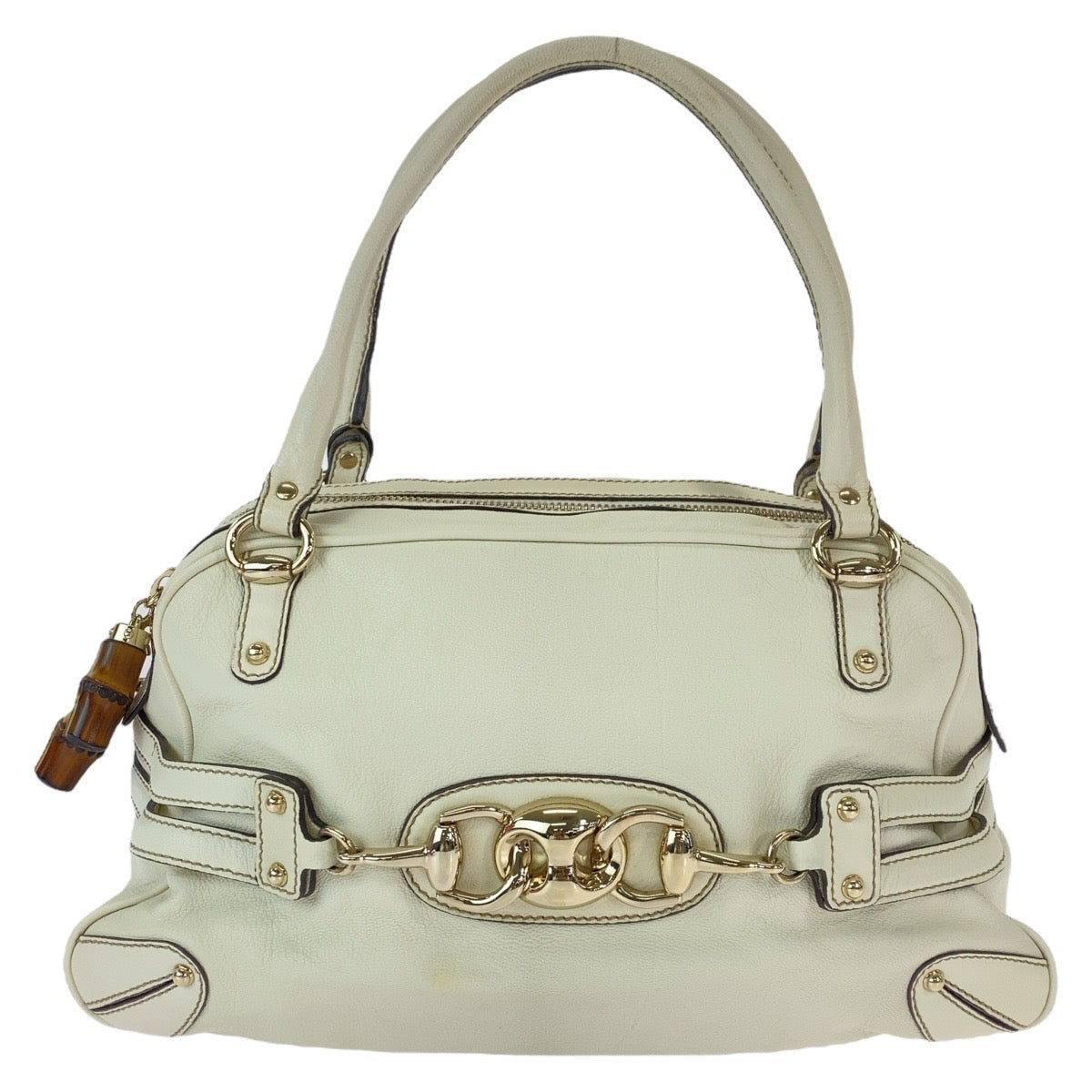 Gucci GoldMetal Bamboo Horsebit Leather White Shoulder Bag
