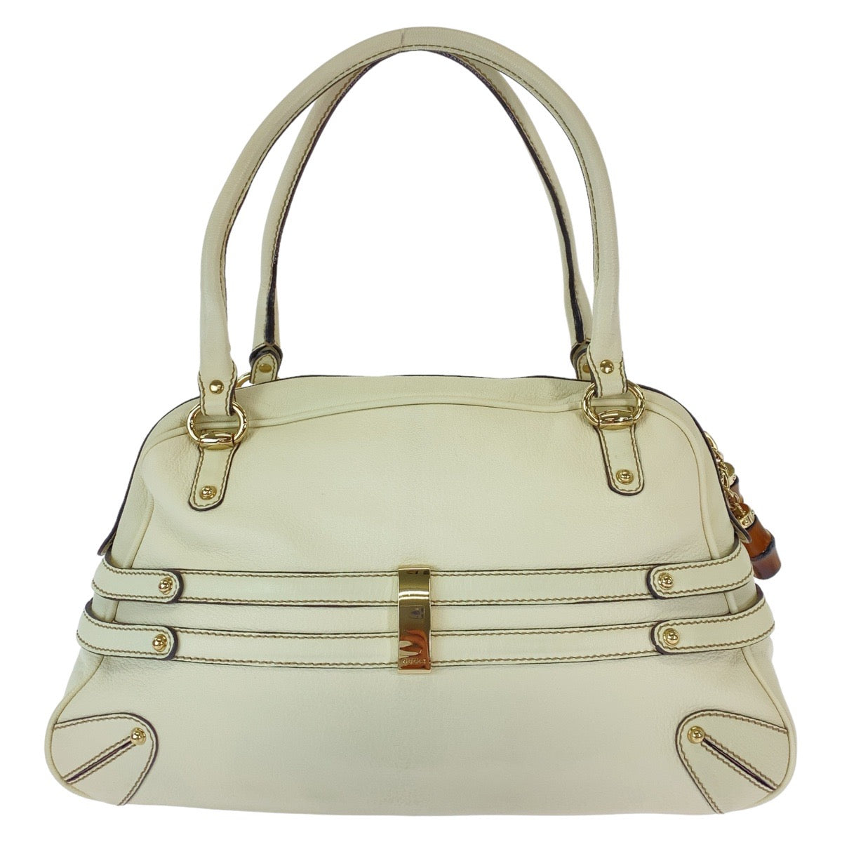 Gucci GoldMetal Bamboo Horsebit Leather White Shoulder Bag