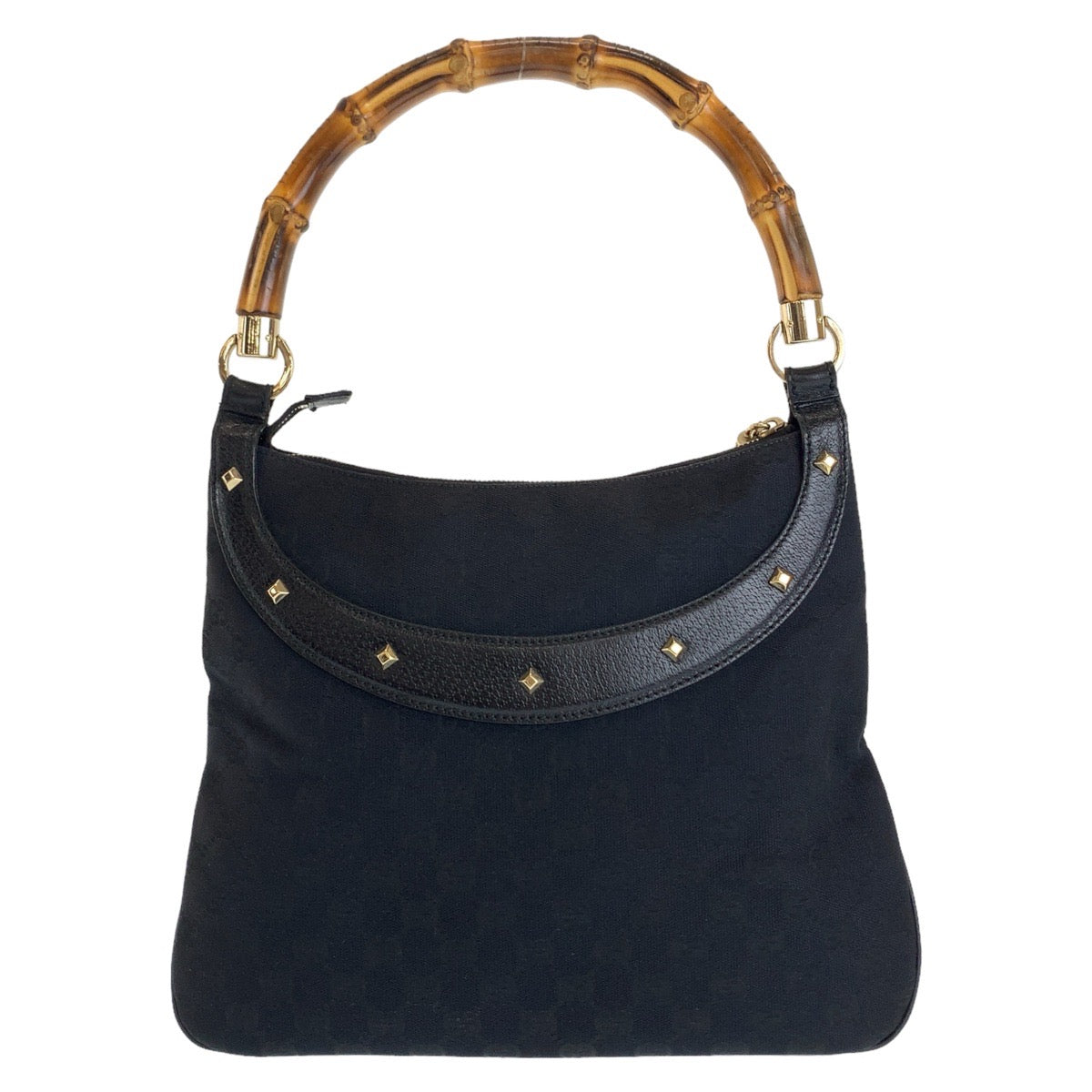 Gucci GG , GoldMetal Bamboo GG Leather Canvas Black Shoulder Bag