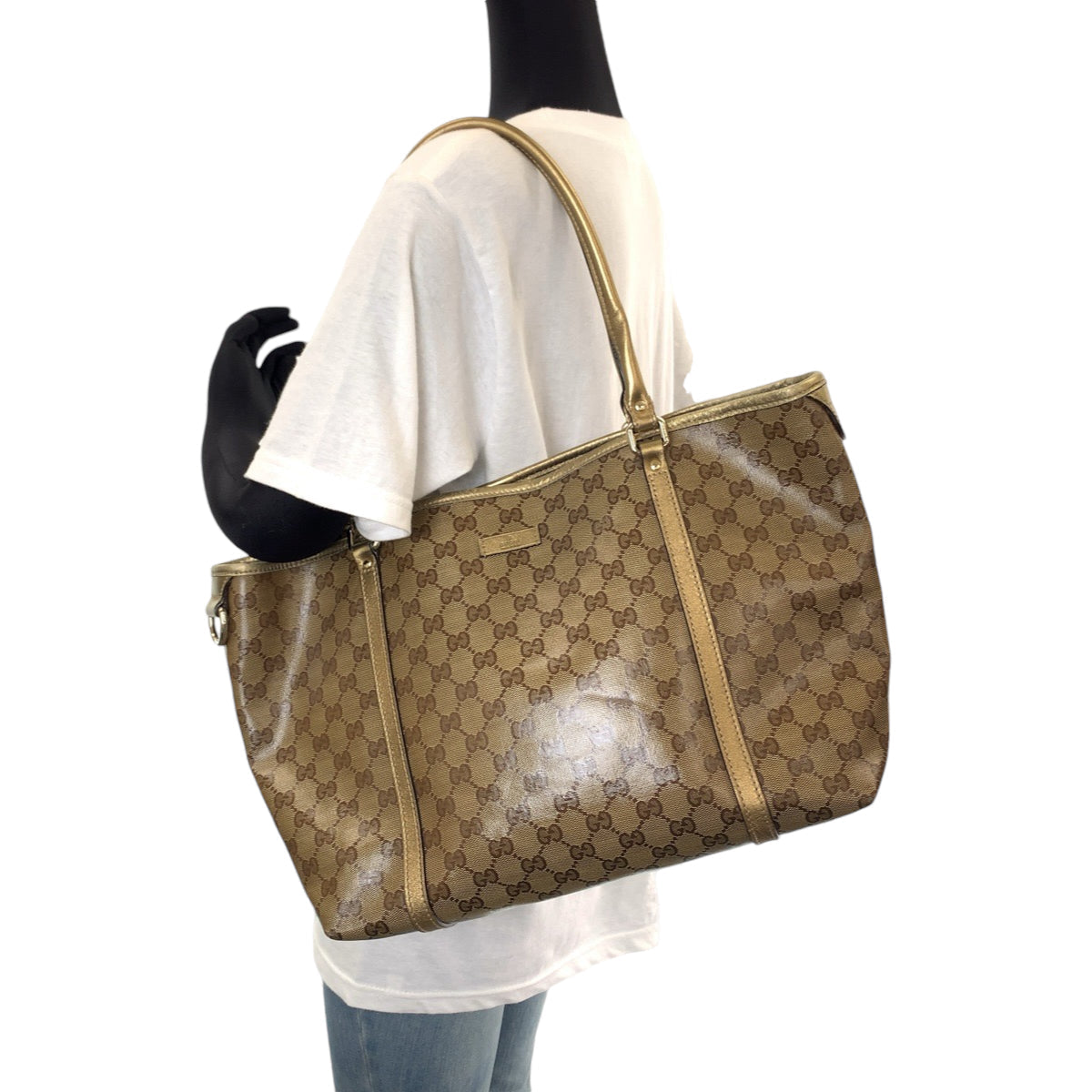 Gucci GG Supreme Metal GG crystal Canvas Brown Gold Shoulder Bag