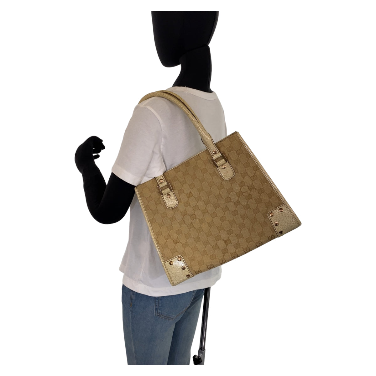 Gucci Ivory Metal GG Leather Canvas Beige Gold Shoulder Bag