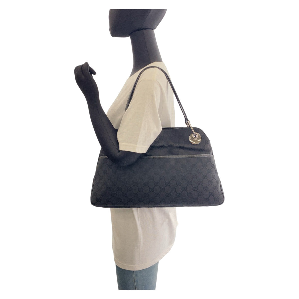 Gucci GG , SilverMetal Leather Canvas Black Shoulder Bag