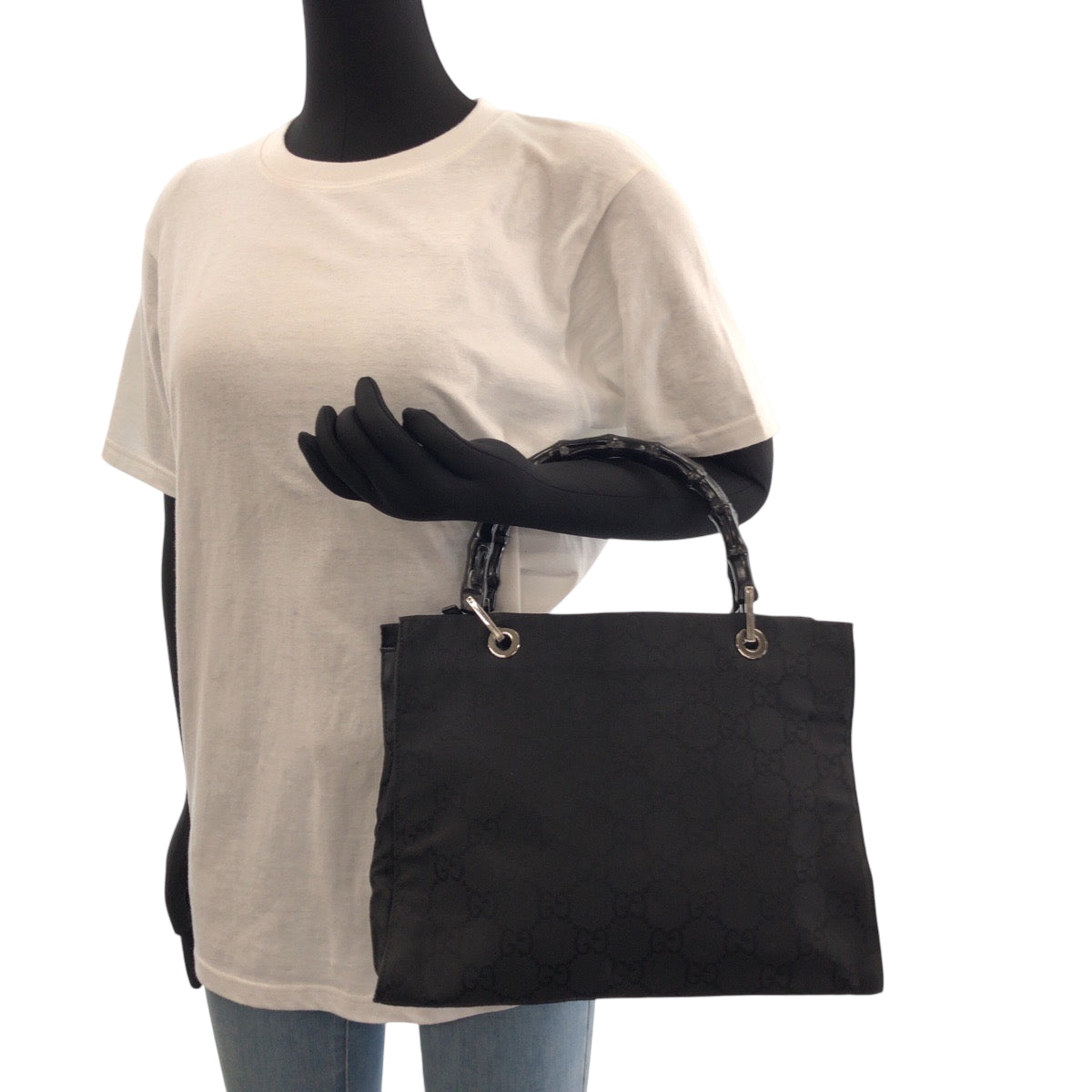 Gucci 002 GG SilverMetal Bamboo Canvas Black Tote Bag