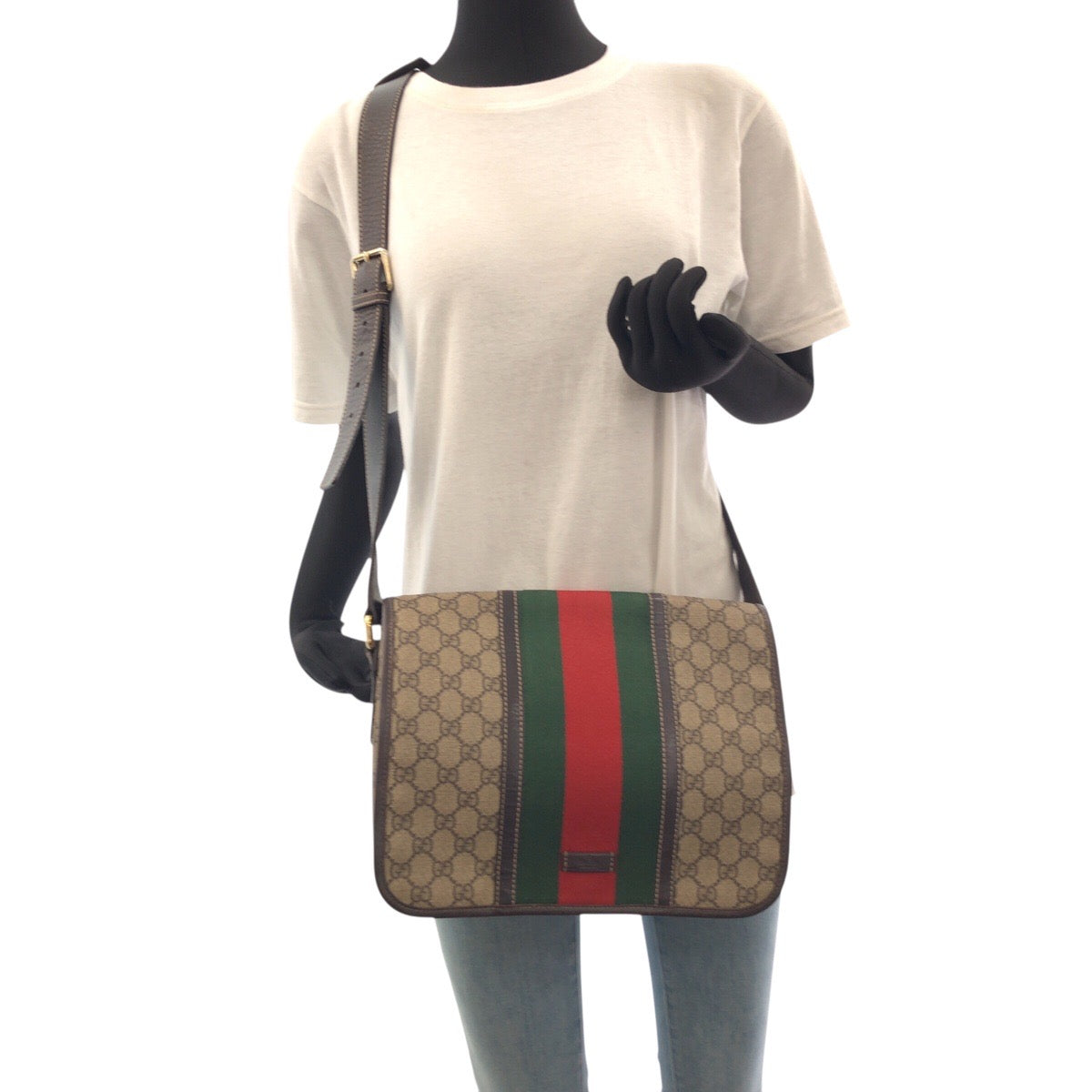 Gucci GG Supreme Metal Unisex Sherry Canvas Brown Beige Gold Crossbody Bag