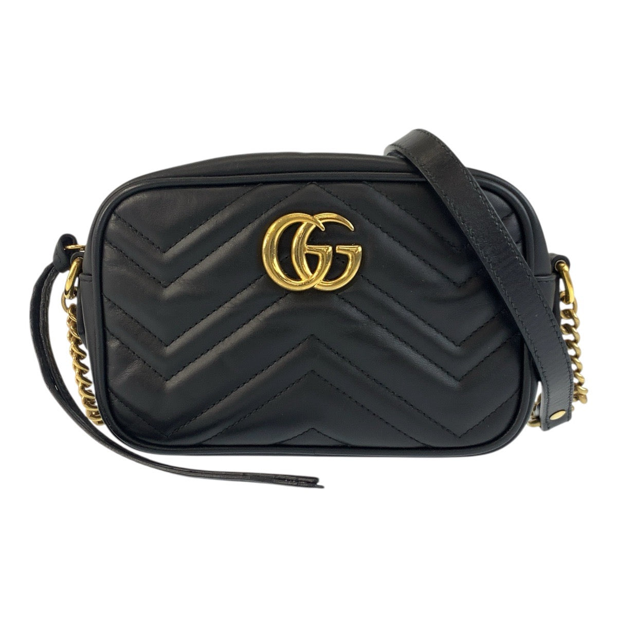 Gucci GoldMetal pochette GG Marmont camera Leather Black Mini Crossbody Bag