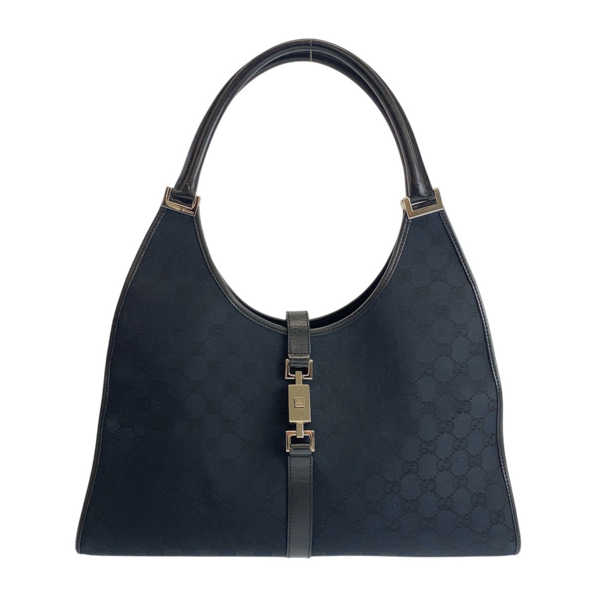 Gucci 002 GG , SilverMetal Jackie Leather Canvas Black Shoulder Bag