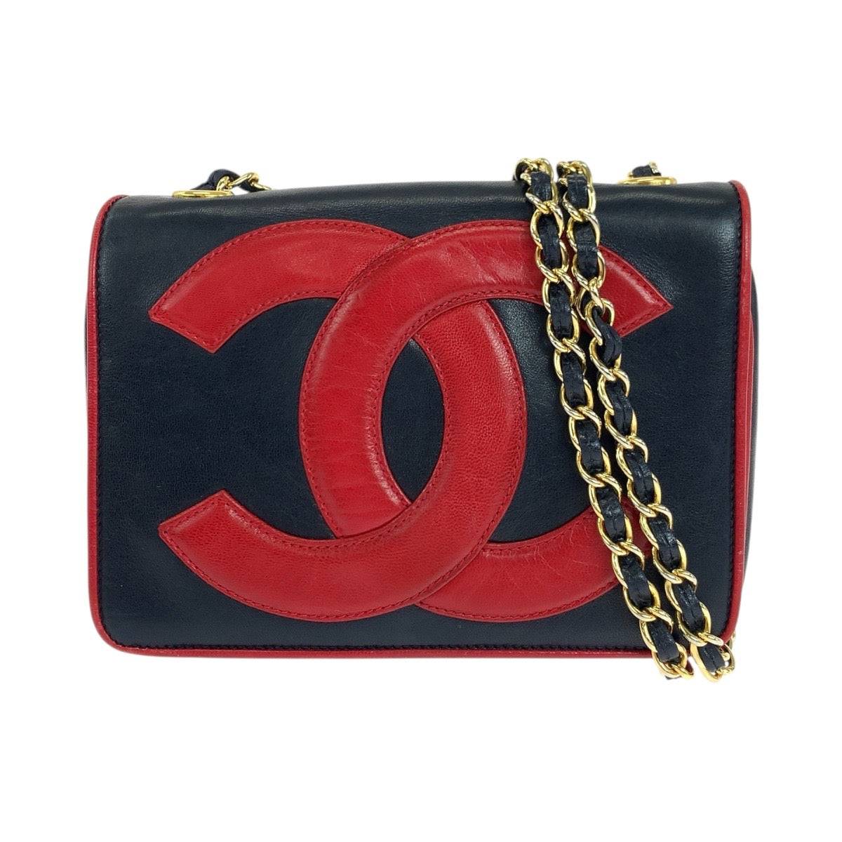 Chanel lambskin Navy O Mark Red Gold Pochette Clutch Bag