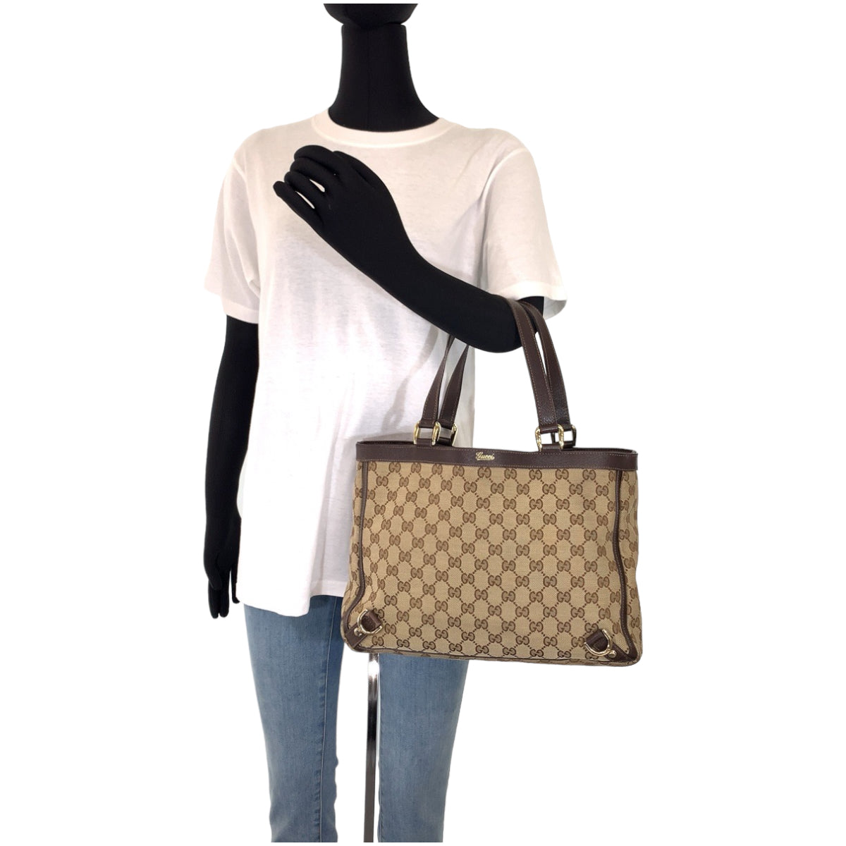 Gucci GG , Gold Metal Abbey Leather Canvas Brown Beige Shoulder Bag