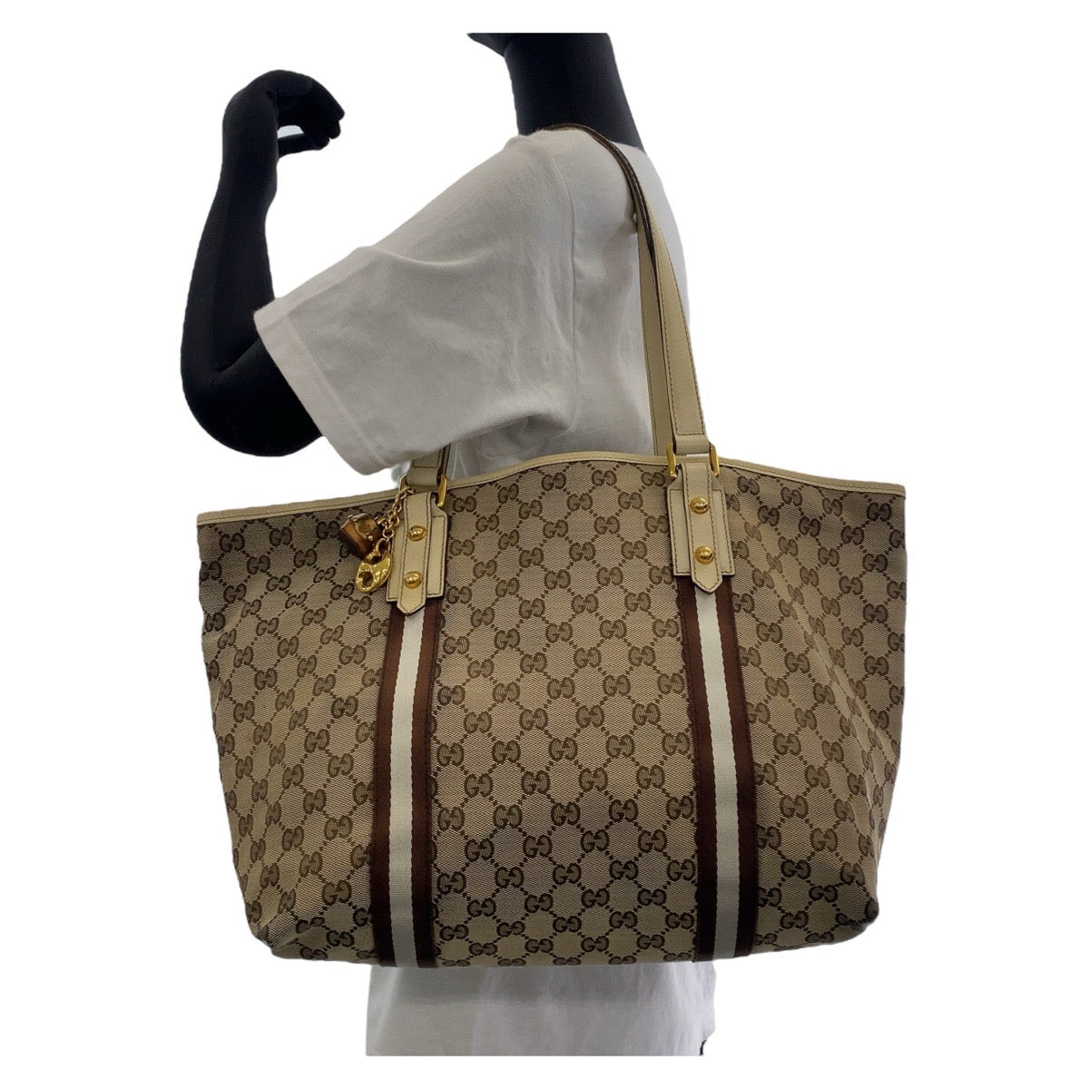 Gucci GG , Metal Shelly Line Leather Canvas Brown Gold Shoulder Bag