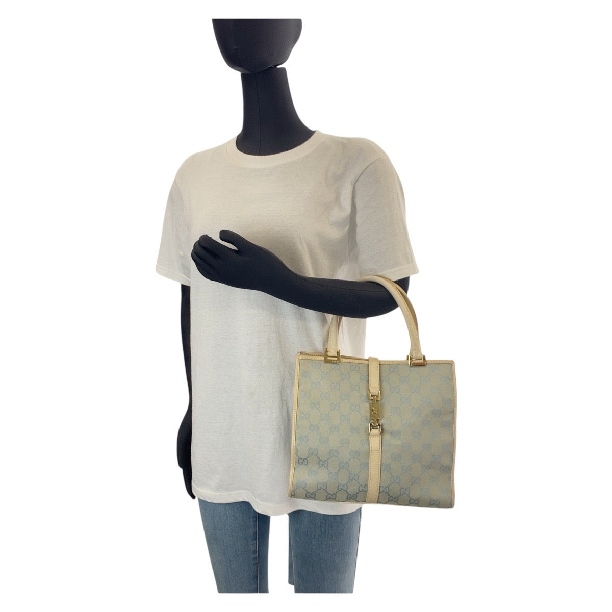 Gucci 002 GG , Light Jackie Leather Canvas Blue Tote Bag