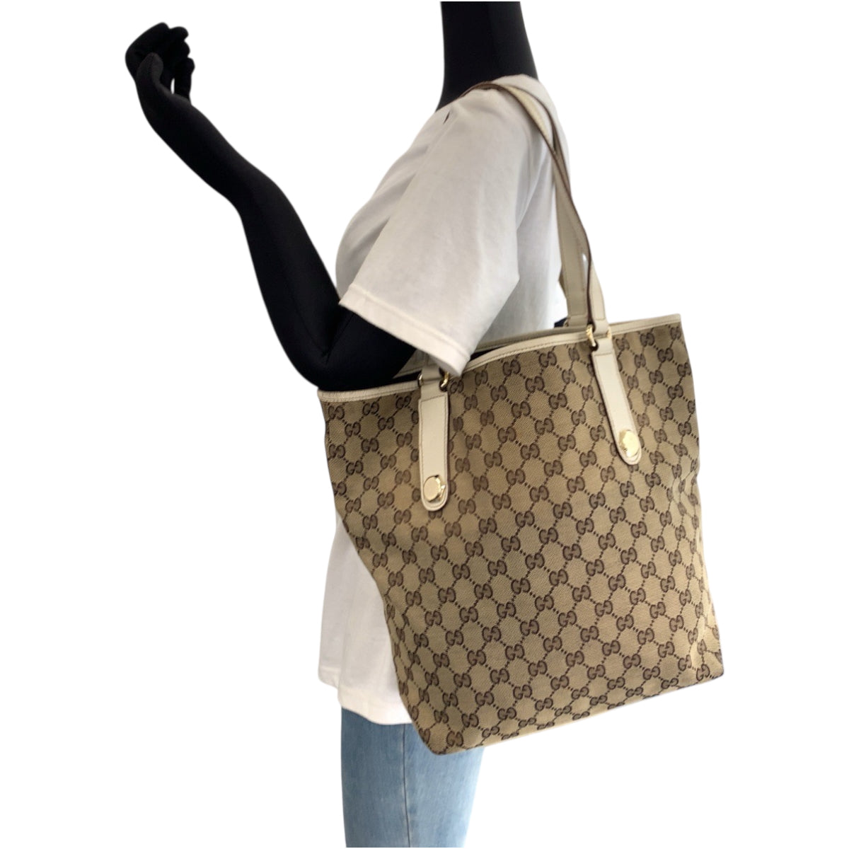 Gucci GG Metal Canvas White Beige Gold Shoulder Bag