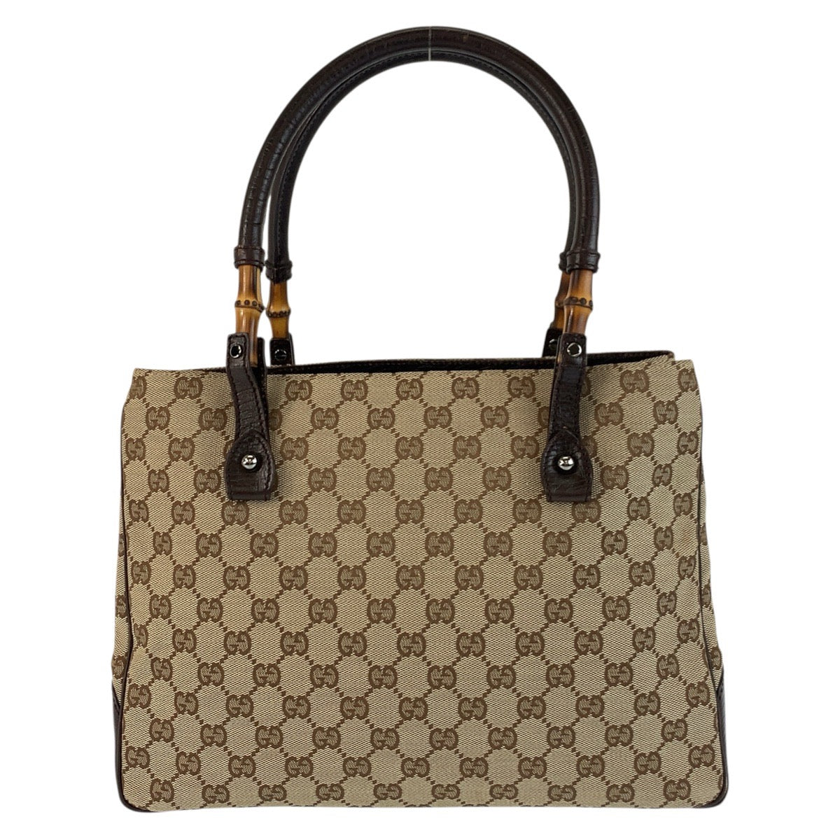 Gucci GG SilverMetal Bamboo Canvas Brown Beige Shoulder Bag