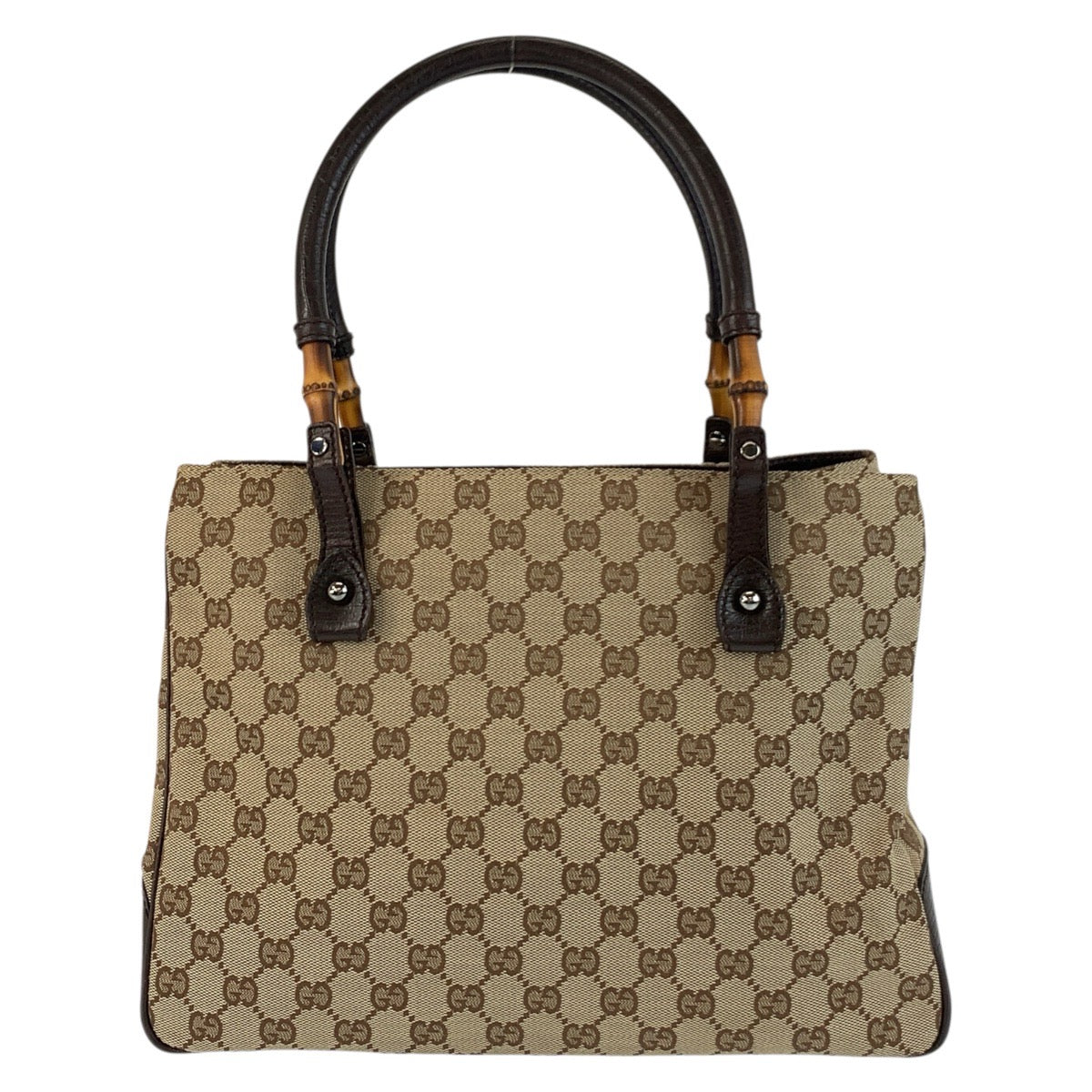 Gucci GG SilverMetal Bamboo Canvas Brown Beige Shoulder Bag