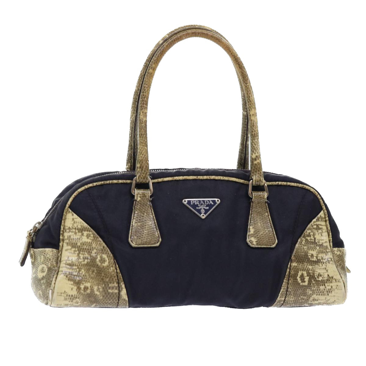 Prada Hand Bag Auth Leather Nylon Beige Travel Bag