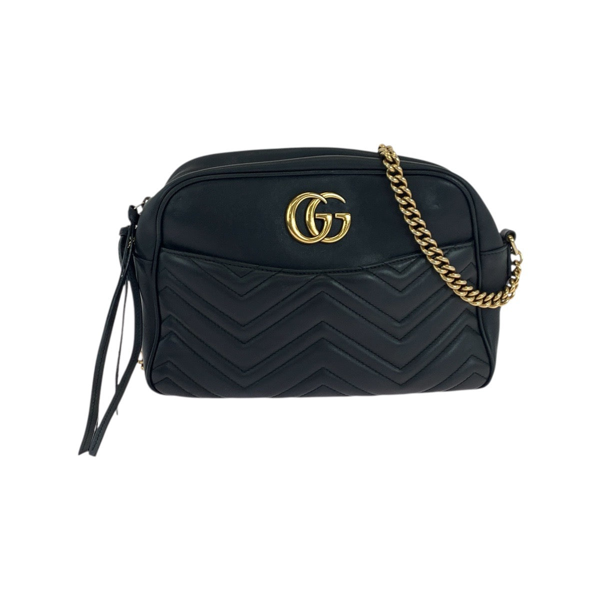 Gucci GoldMetal ChainShoulder Pochette GG Marmont Leather Black Shoulder Bag