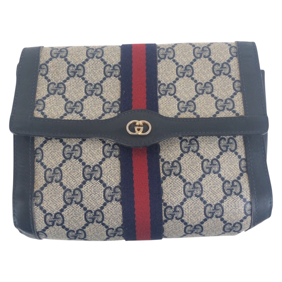 Gucci GG Supreme Metal Old Shelly Canvas Gold Navy Gray Clutch Bag
