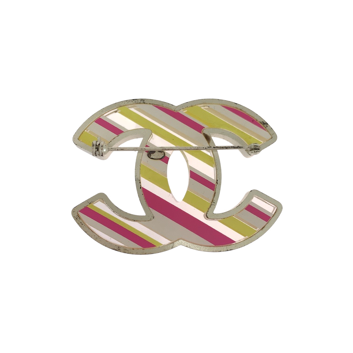 Chanel Brooch Acrylic plating 04C Stripe COCO Multicolor Silver Handbag