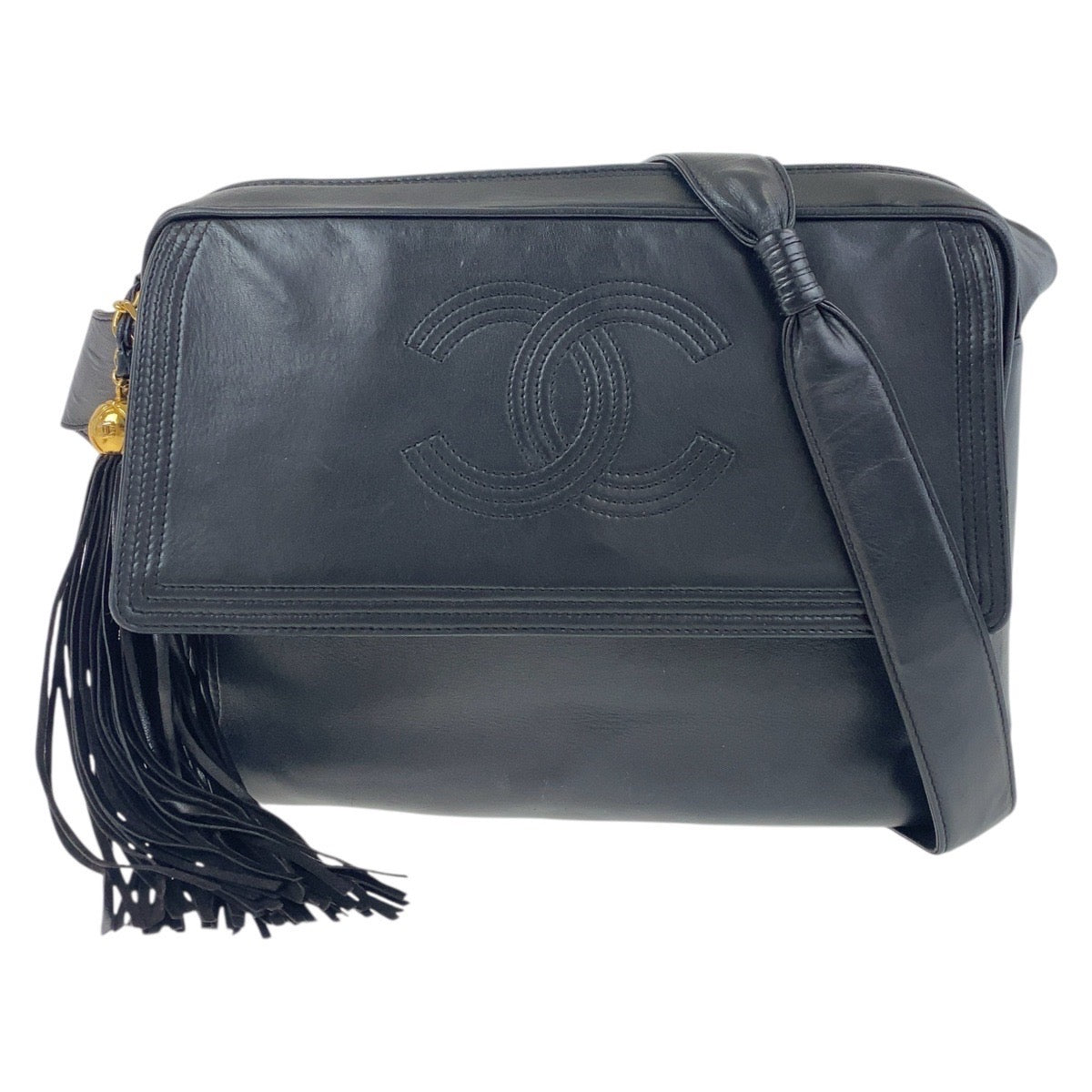 Chanel GoldMetal pochette COCO Mark Fringe Black Leather Jewelry