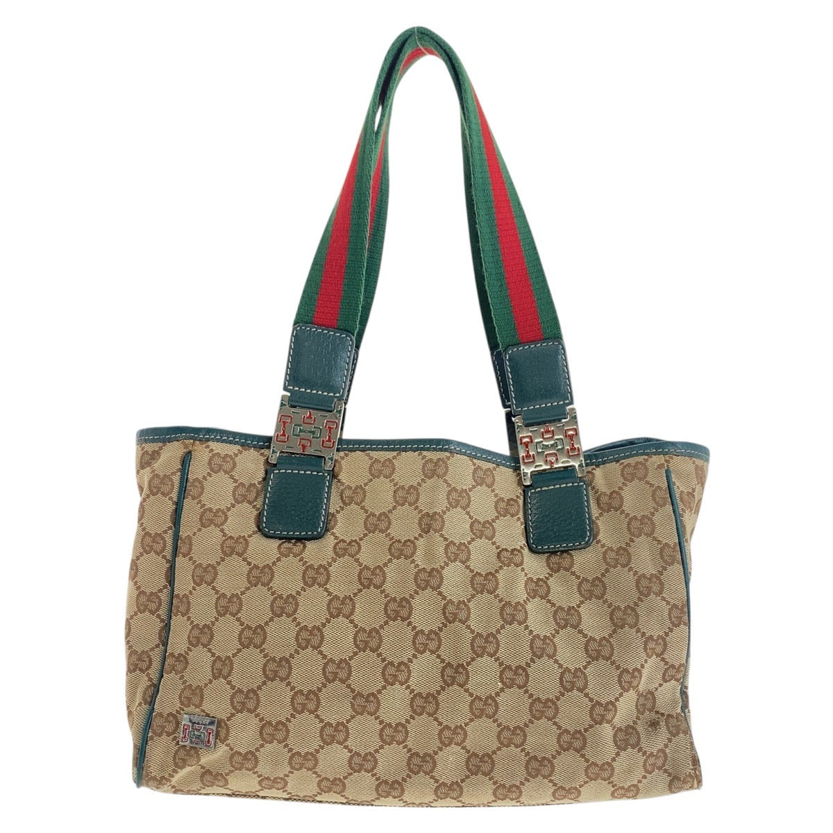 Gucci GG SilverMetal Sherry line Canvas Beige Green Tote Bag