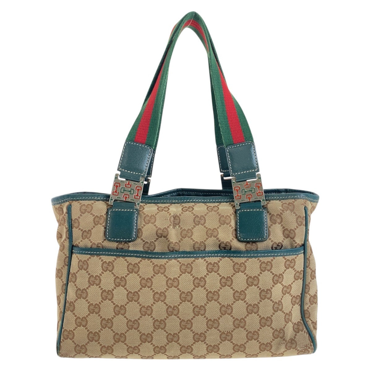 Gucci GG SilverMetal Sherry line Canvas Beige Green Tote Bag
