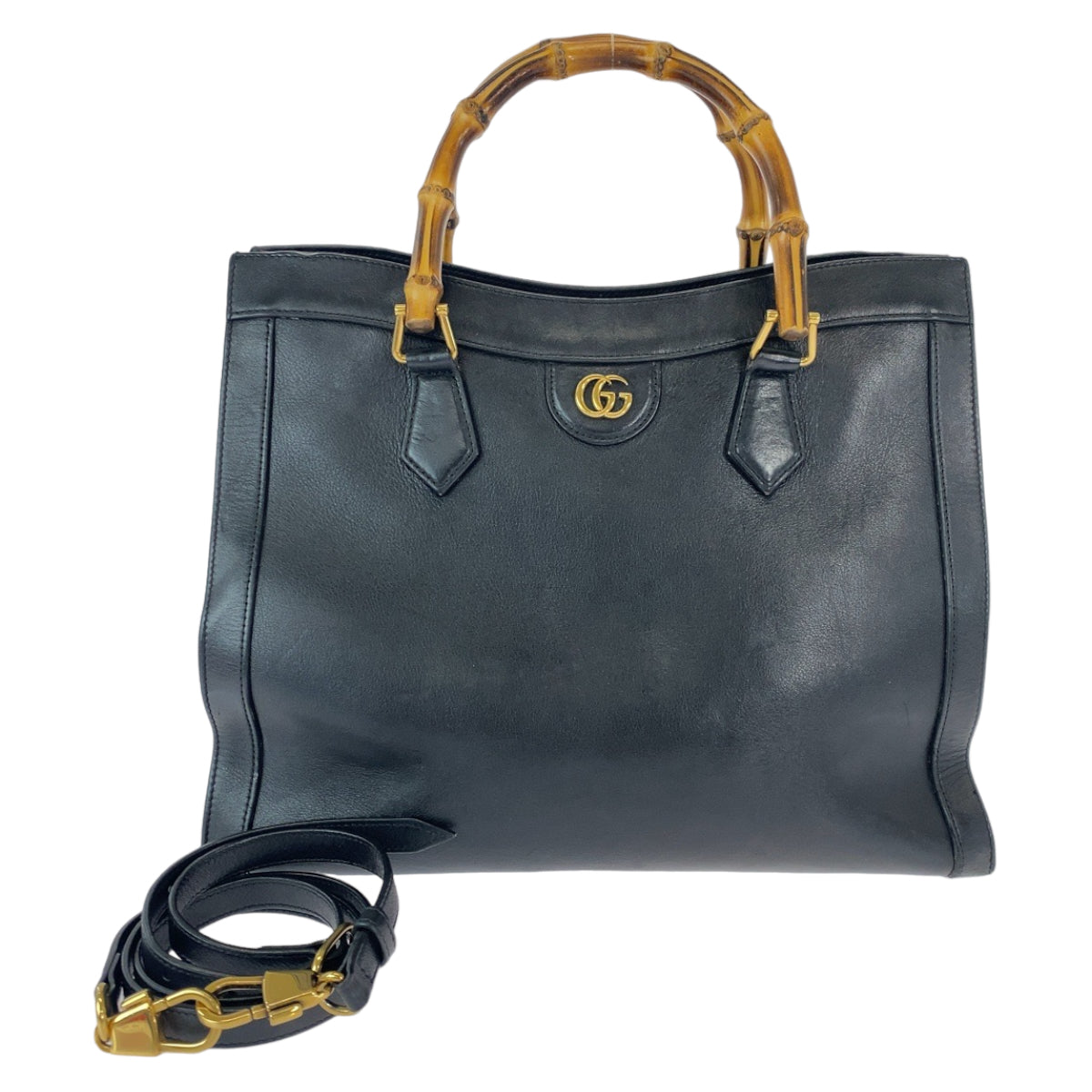 Gucci Metal Bamboo Diana Leather Black Gold Tote Bag