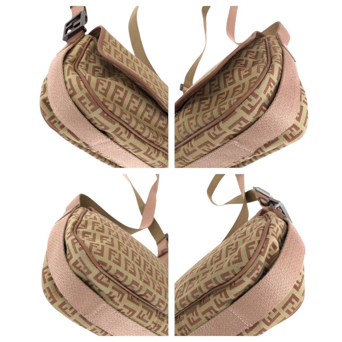 Fendi Shoulder Bag Silvermetal Zucchino Canvas Beige Pink