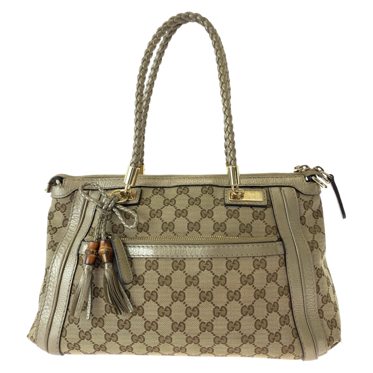 Gucci GG Metal Bella Bamboo Ribbon Canvas Brown Gold Tote Bag