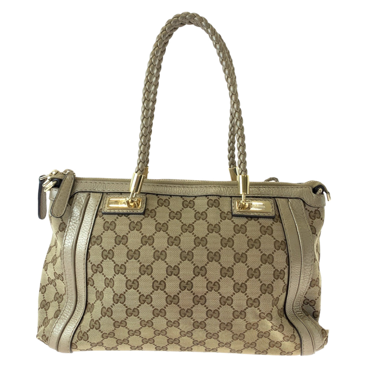 Gucci GG Metal Bella Bamboo Ribbon Canvas Brown Gold Tote Bag