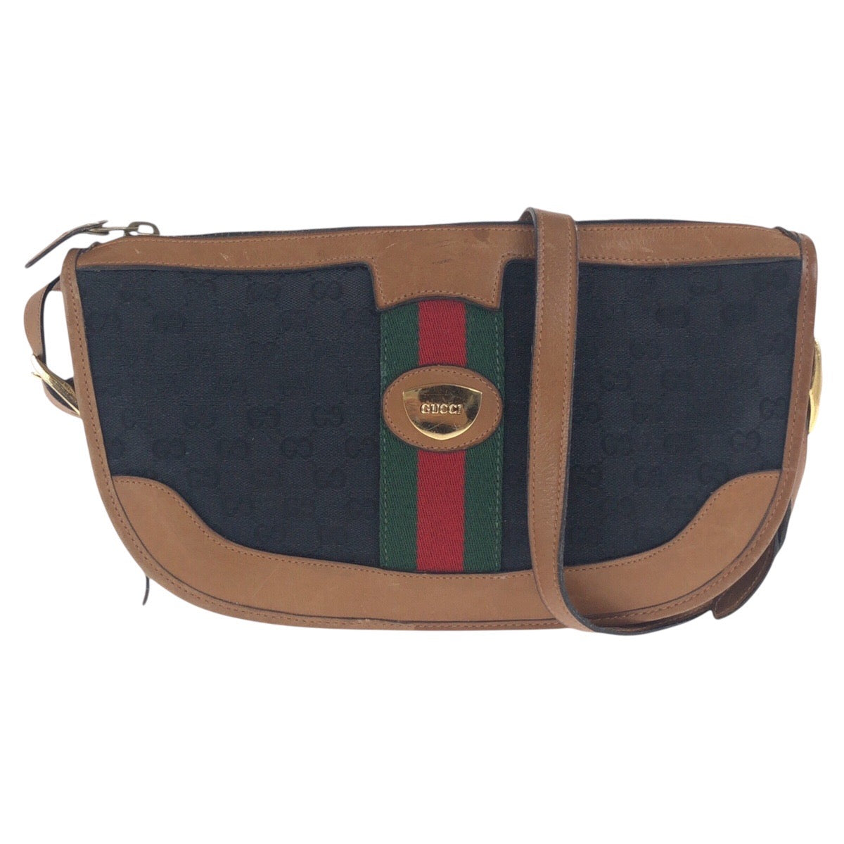 Gucci GG Metal Old Shelly Line Canvas Black Brown Gold Shoulder Bag