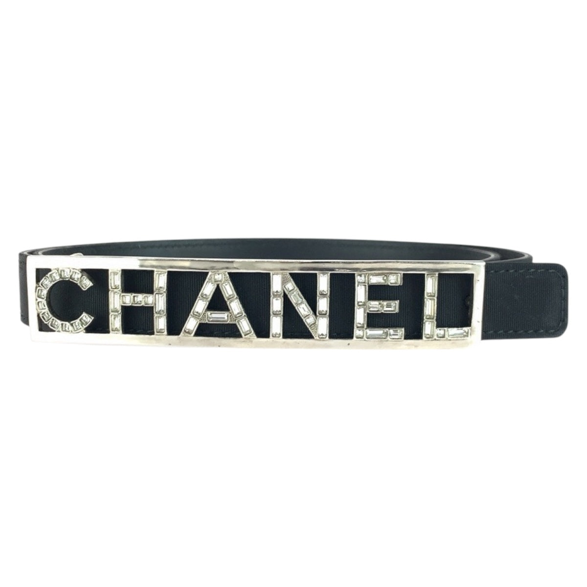 Chanel belt logo rhinestone 34 Black Leather