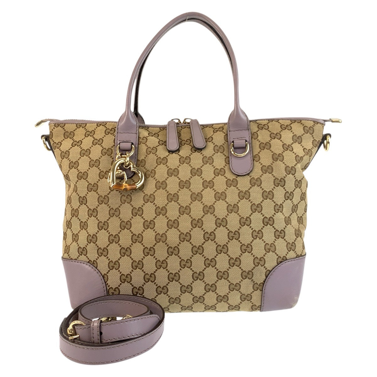 Gucci GG Purple Metal Bamboo heart Canvas Beige Gold Tote Bag