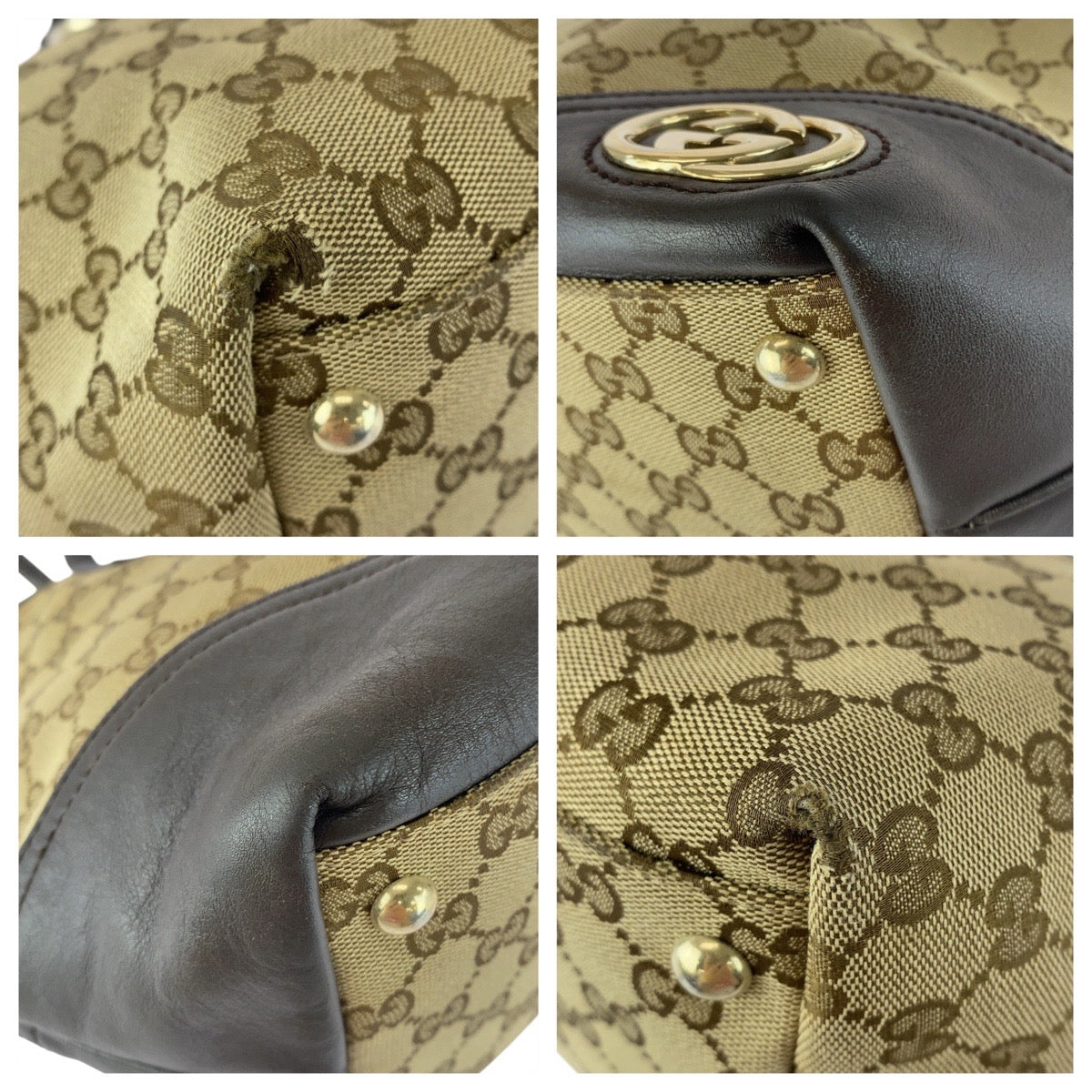 Gucci 169 946 GG Metal Abbey Canvas Brown Gold Tote Bag