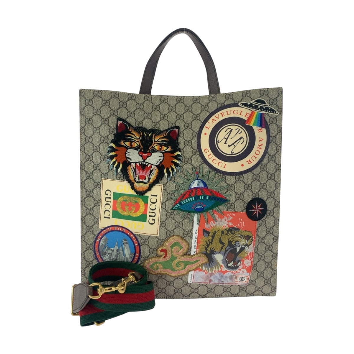 Gucci GG Supreme Embroidery Courier Applique Canvas Beige Multicolor Tote Bag