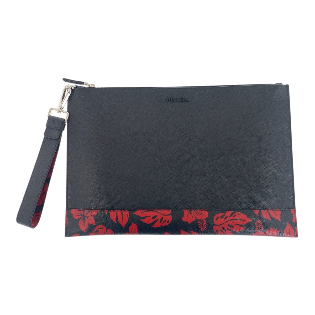 Clutch Bag Silvermetal Saffiano Floral Print Logo Leather Black
