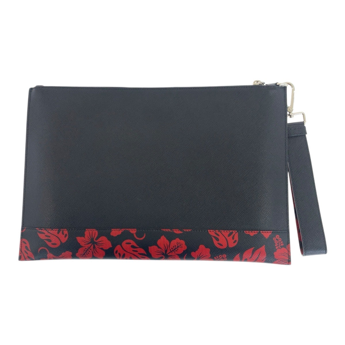 Clutch Bag Silvermetal Saffiano Floral Print Logo Leather Black