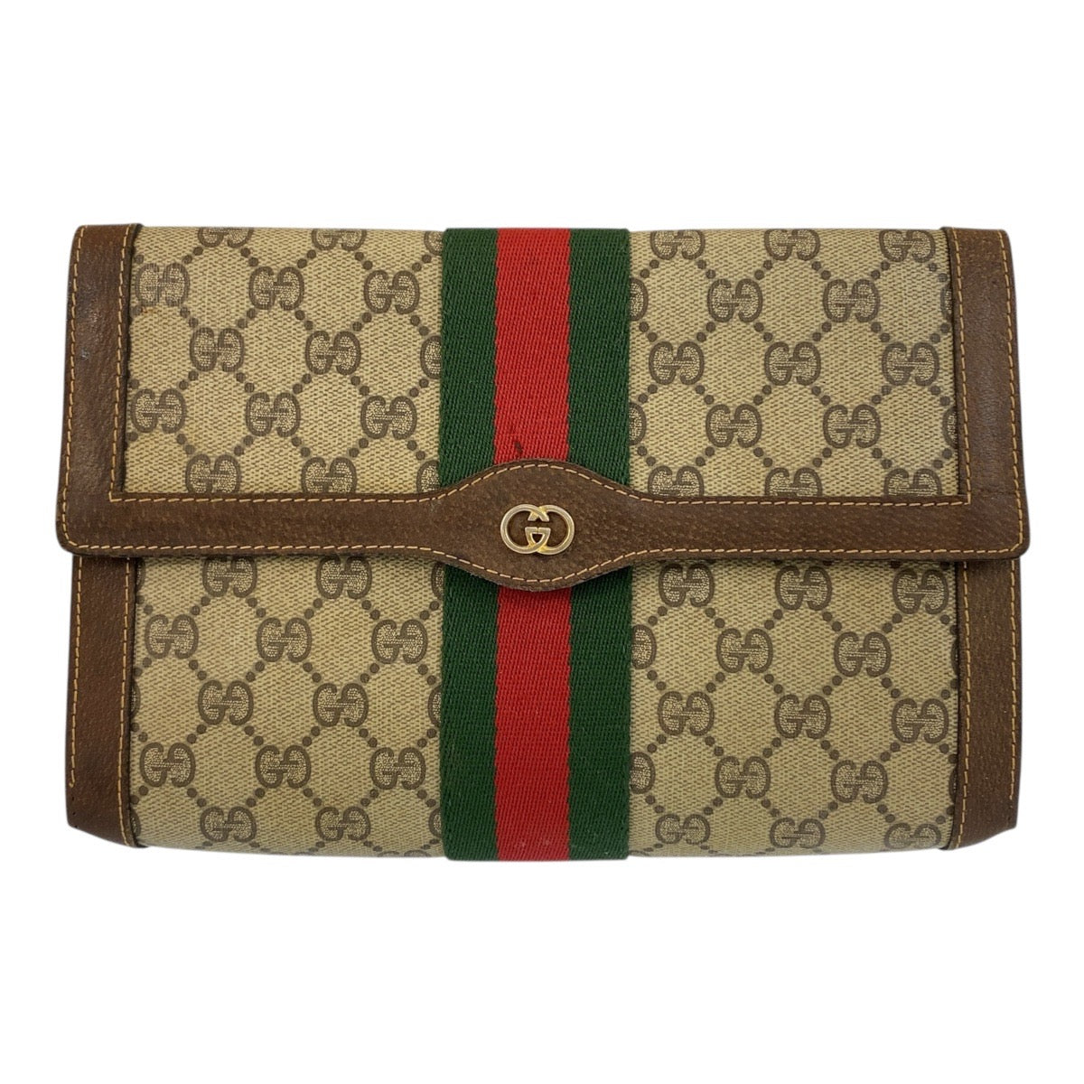 Gucci 38 GG Supreme Metal Sherry Canvas Brown Beige Gold Clutch Bag
