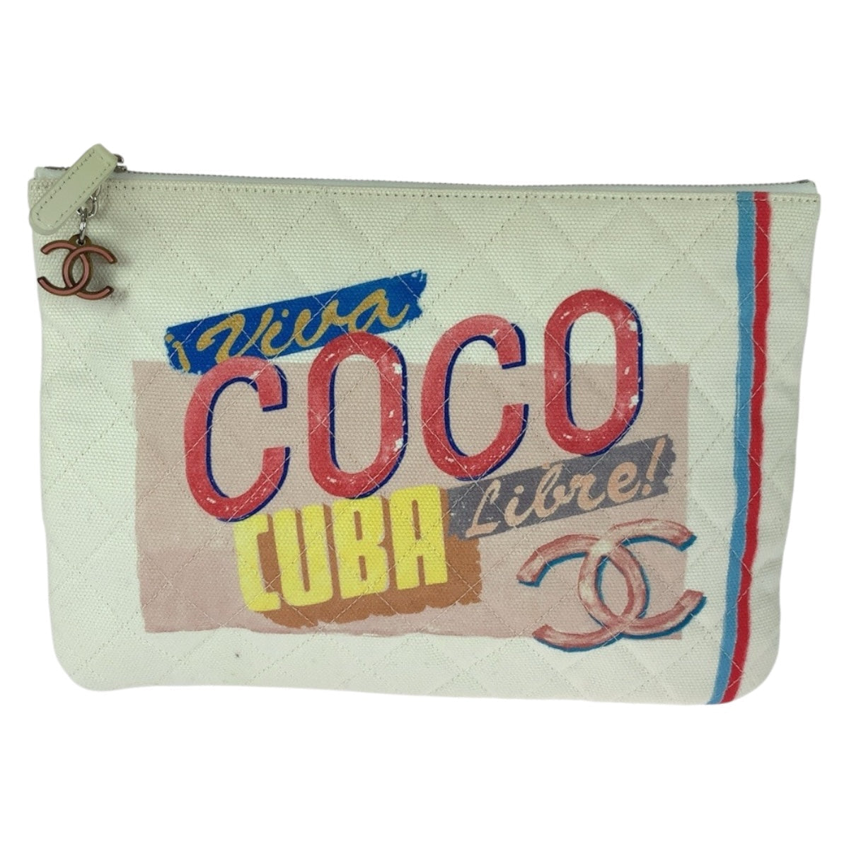 Chanel SilverMetal Coco Cuba COCO Mark Multicolor White Canvas Clutch Bag