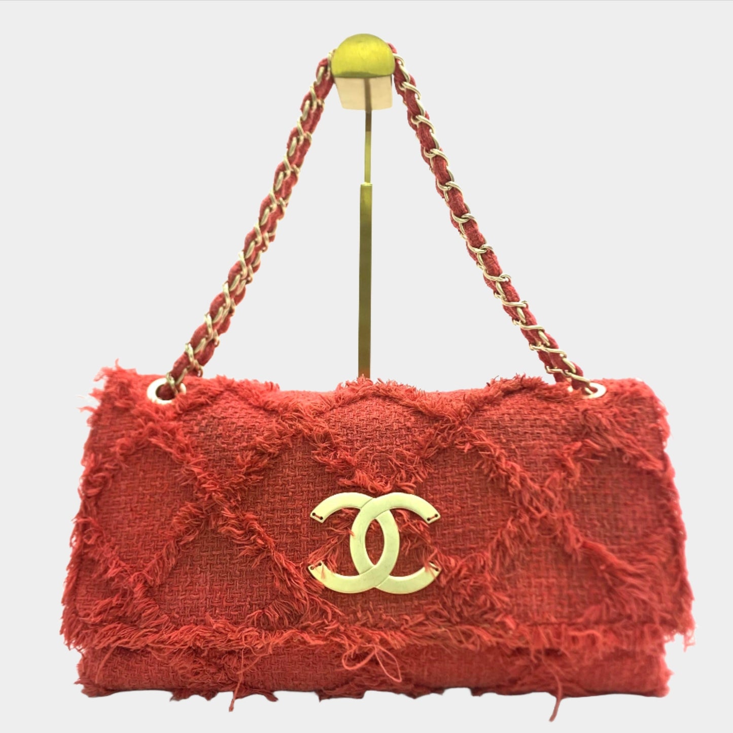 Chanel Diamond Stitch Tweed Maxi Nature Flap Red Shoulder Bag