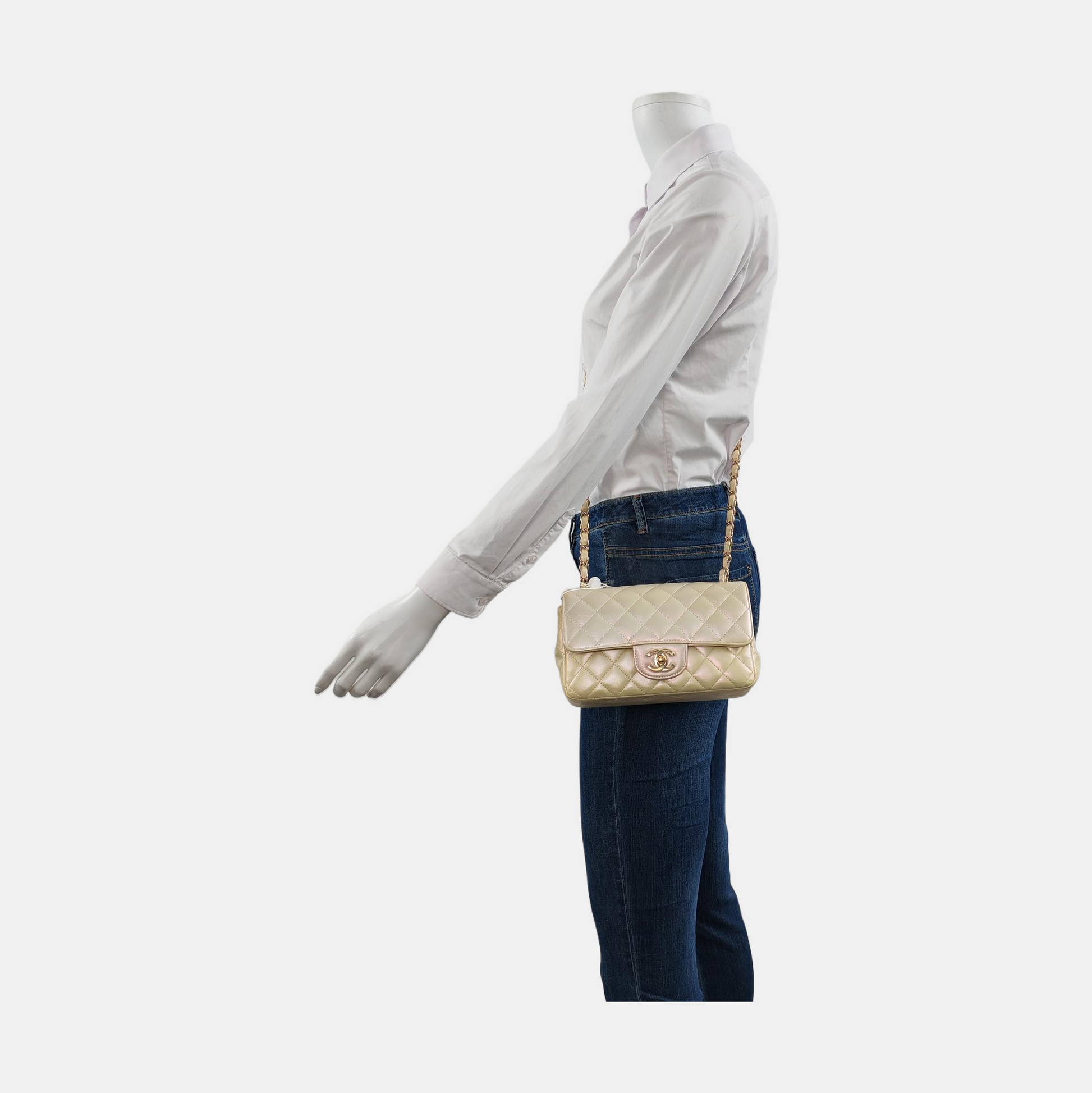 Chanel Classic Flap Rectangular Pearlescent Champagne Lambskin Gold Leather Mini Bag