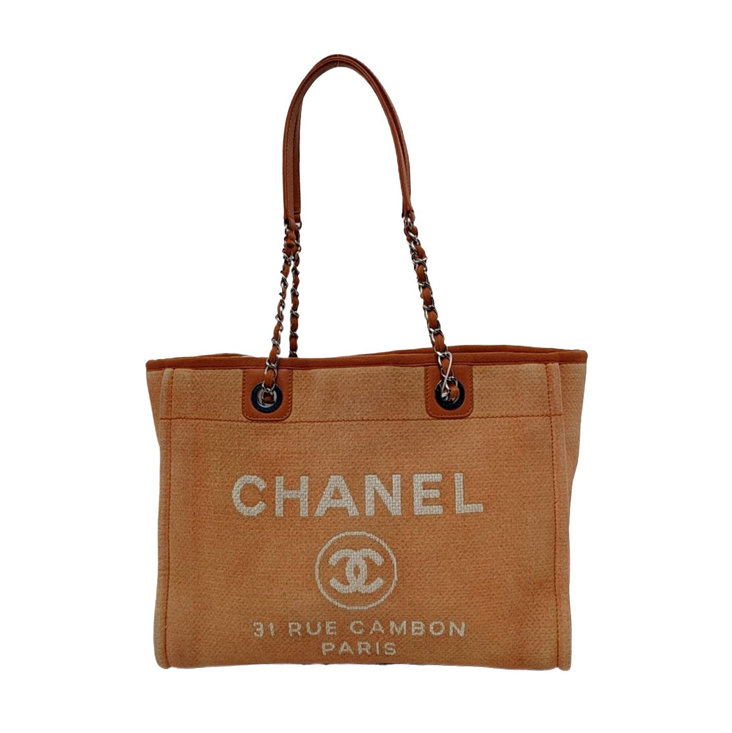 Chanel Deauville Light Denim Trim 32cm Orange Small Leather Tote Bag