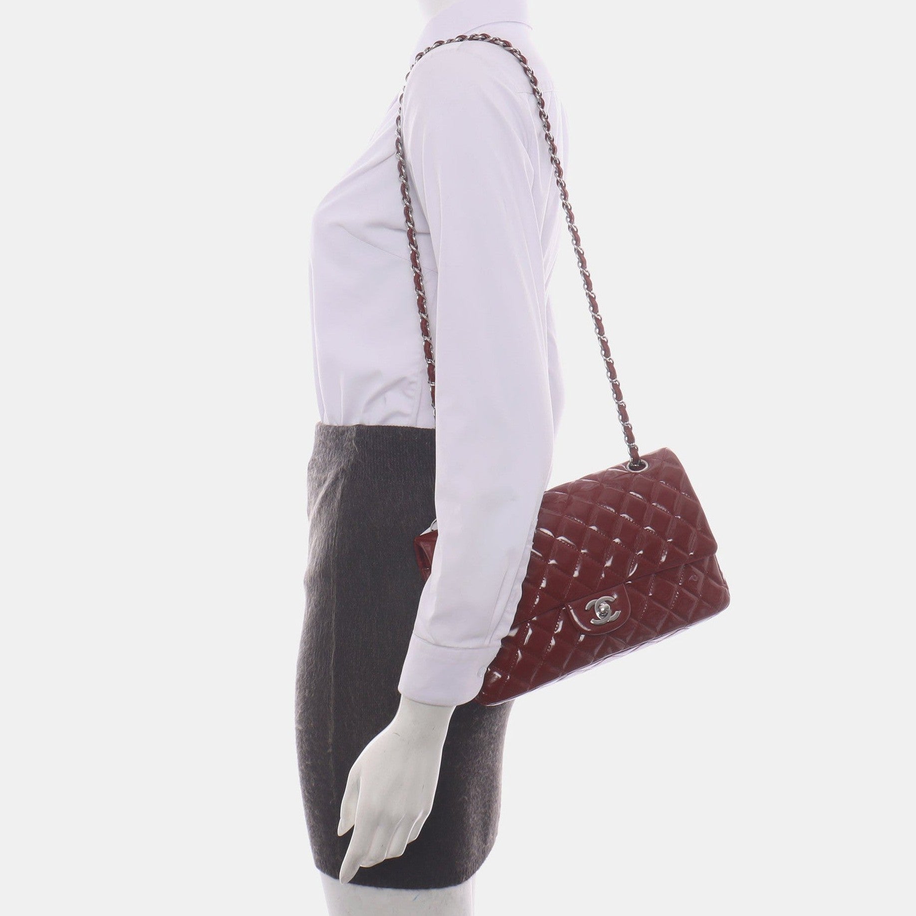 Chanel Classic Flap Burgundy Patent HW Silver Leather Handbag