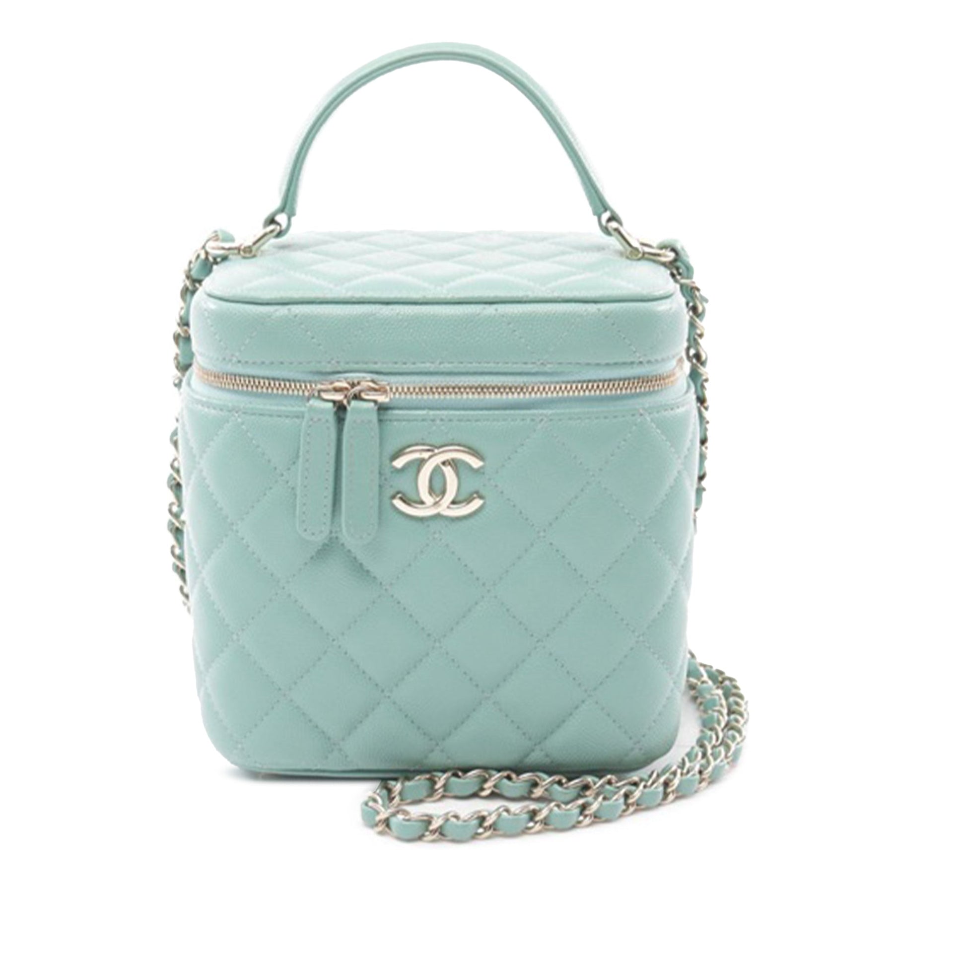 Blue Chanel Quilted Caviar Top Handle Vanity Case with Chain Satchel