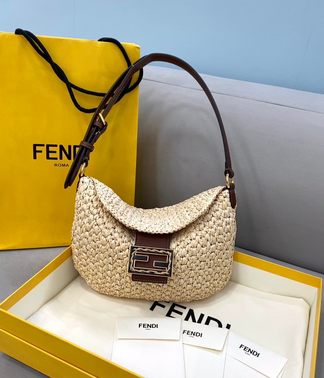 Fendi Croissant Ff Raffia Small Shoulder Bag