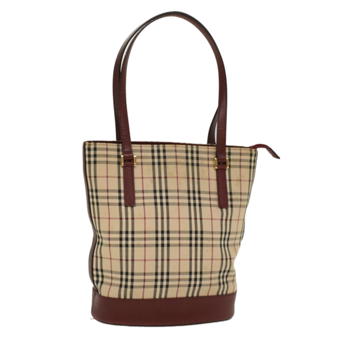Burberry Luxury Nova Check Shoulder Bag Wine Auth Leather Nylon Beige