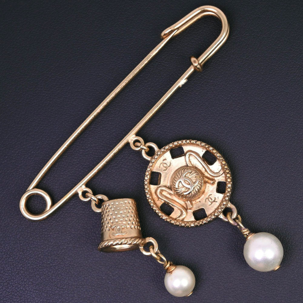 Chanel Brooch Plated Faux Pearl COCO Mark Gold Handbag