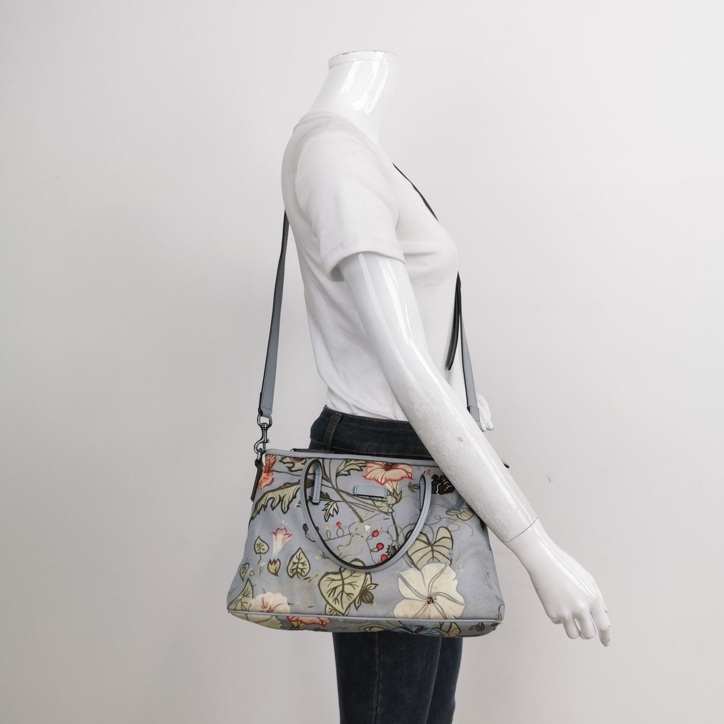 Gucci Flora Knight Leather Nylon Blue Small Tote Bag