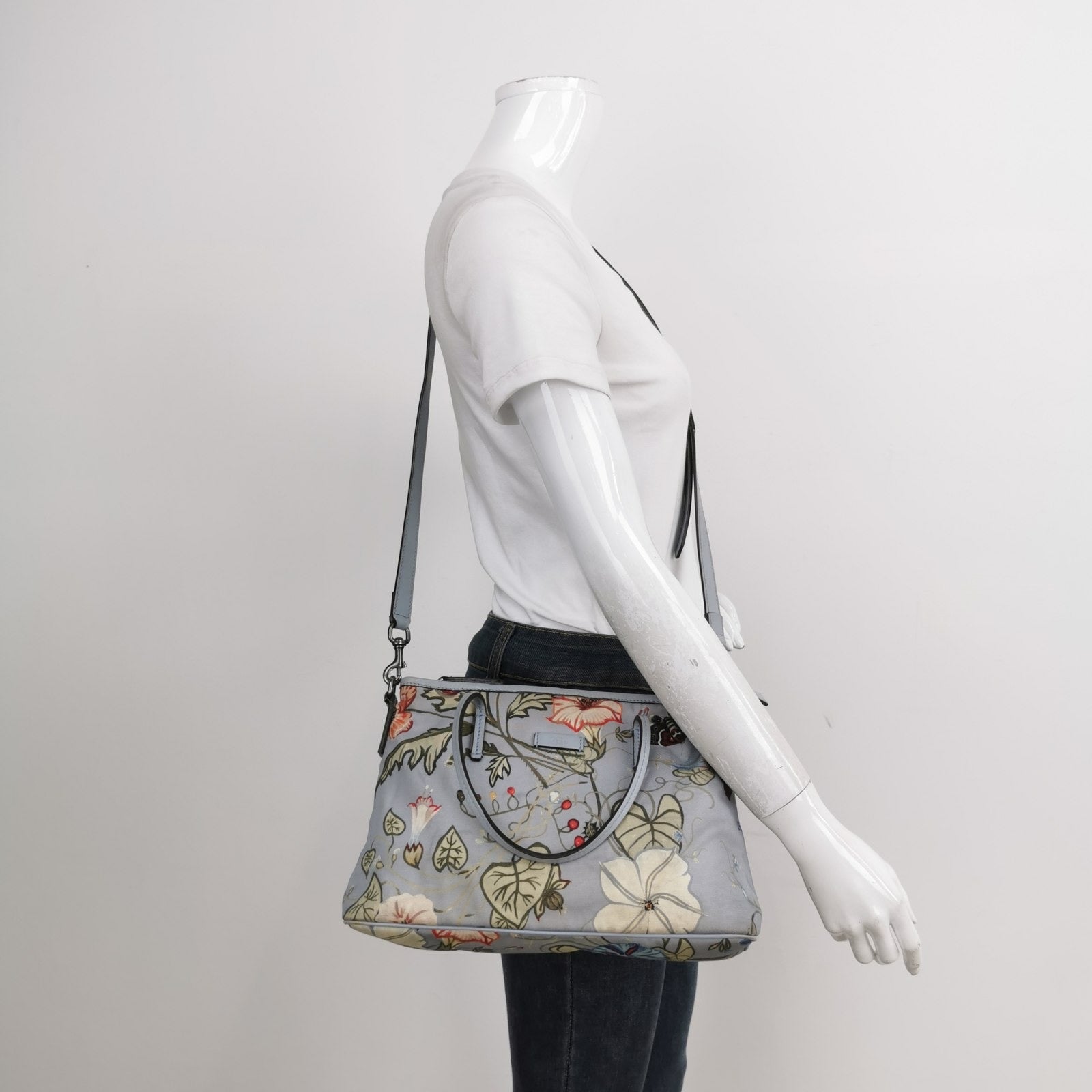 Gucci Flora Knight Leather Nylon Blue Small Tote Bag