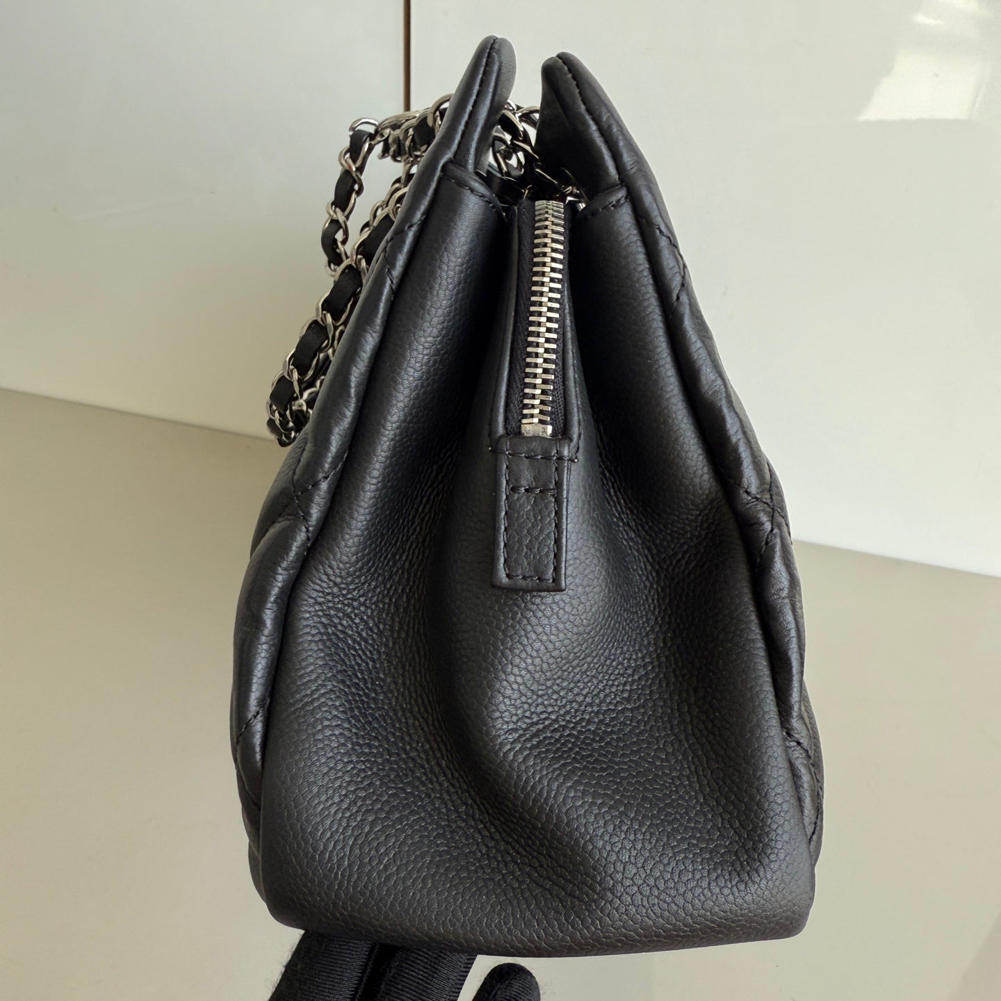 Chanel CC Logo Soft Quilted Caviar Hardware Black Silver Leather Tote Bag