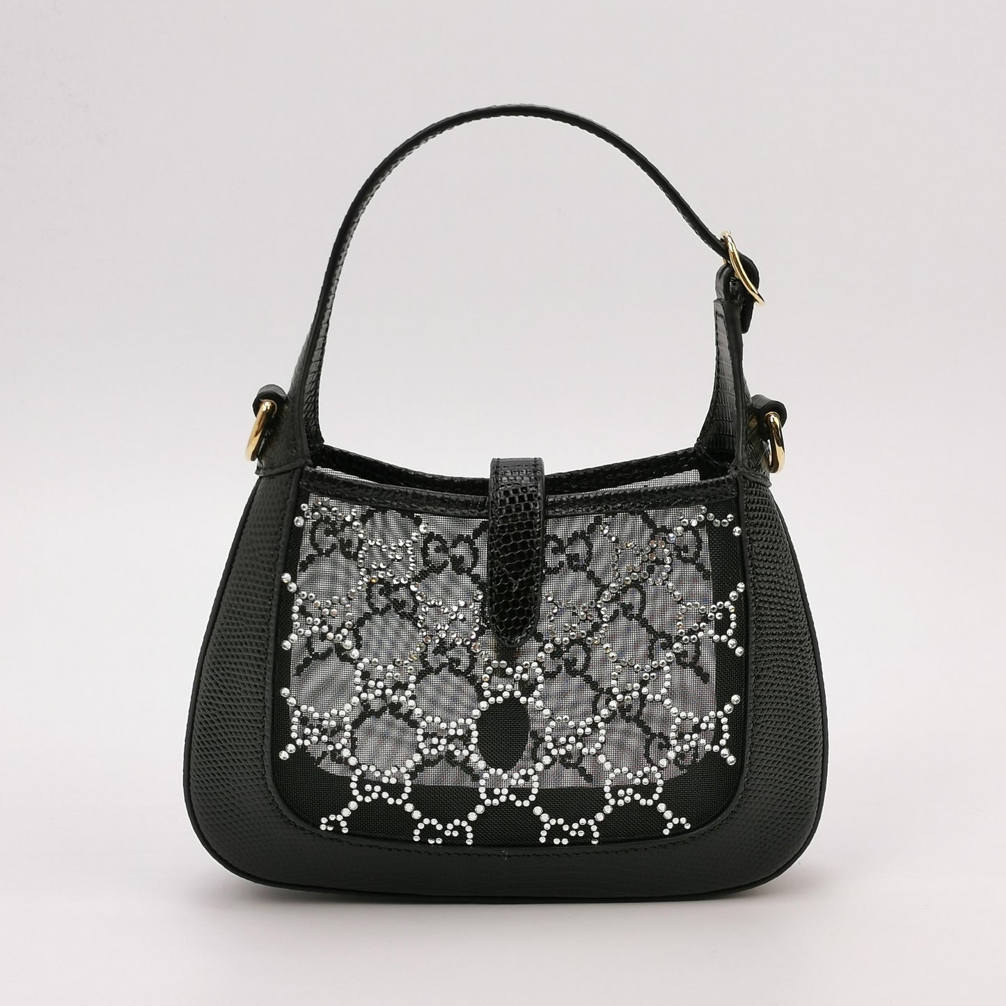 Gucci Jackie Lizard Skin Mesh Crystals Black Mini Chain Travel Bag