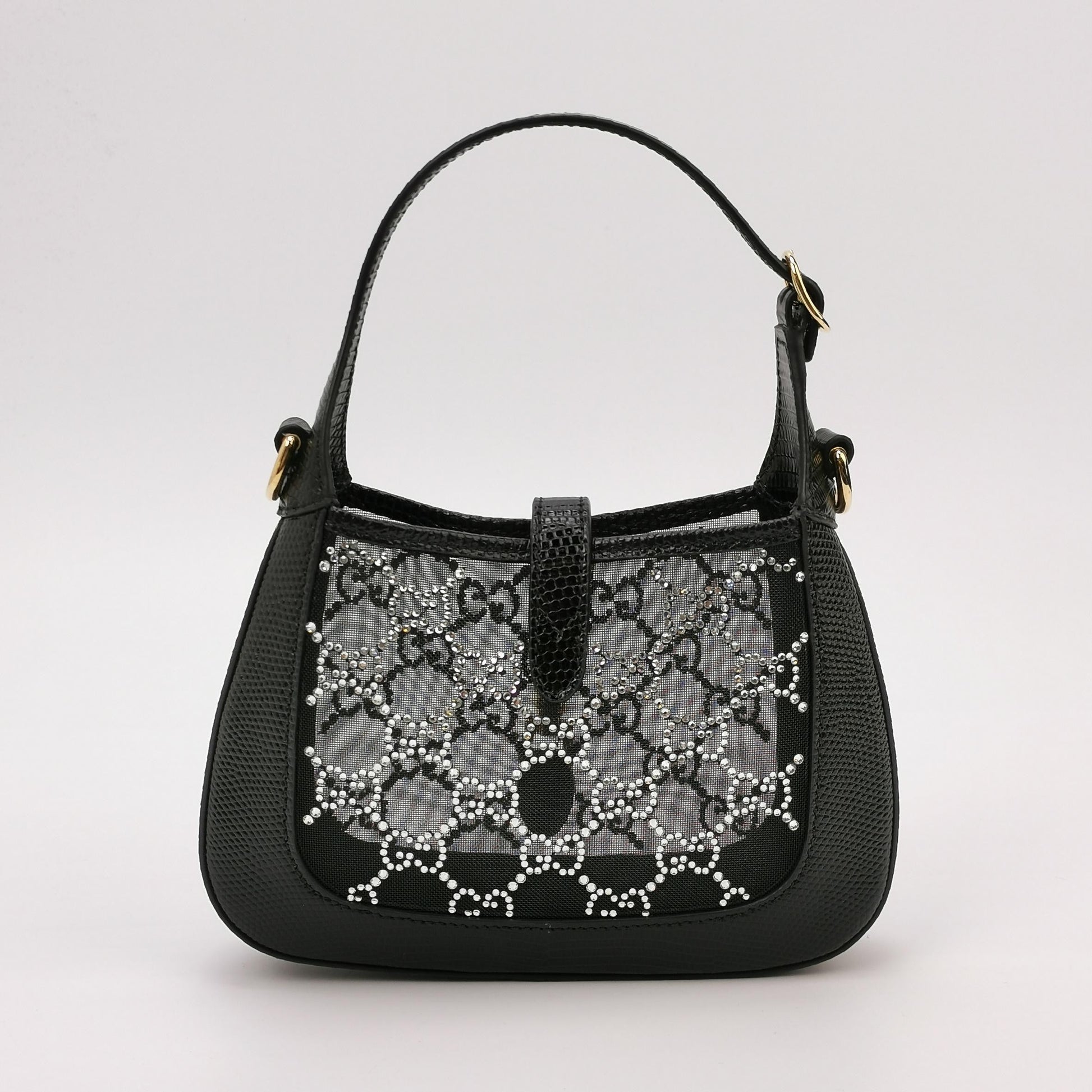 Gucci Jackie Lizard Skin Mesh Crystals Black Mini Chain Travel Bag